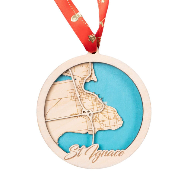 St. Ignace, Michigan USA 3D Wooden City Map Ornament – 4.5’’x4’’ - Blue