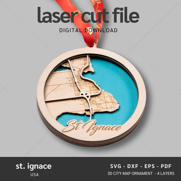 St. Ignace, Michigan USA City Map Ornaments Files - 4 Layers - Svg/Ai/Dxf/Pdf