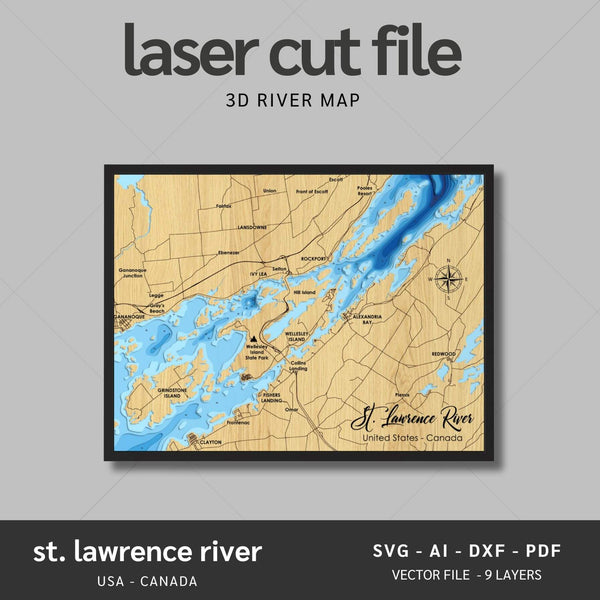 St Lawrence River Laser Map Files - 9 Layers - Svg/Ai/Dxf/Pdf