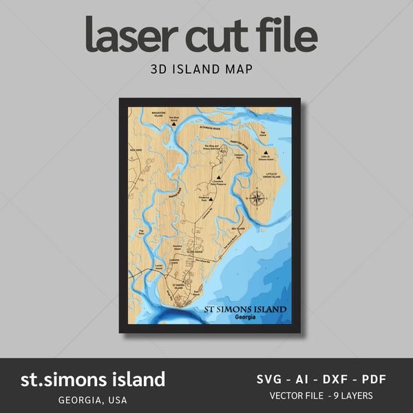 St Simons Island, Georgia Laser Map Files - 9 Layers - Svg/Ai/Dxf/Pdf