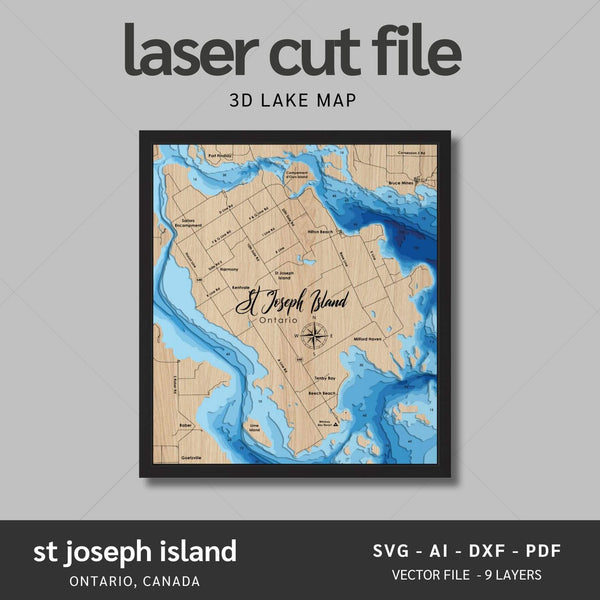 St Joseph Island, Ontario Laser Map Files - 9 Layers - Svg/Ai/Dxf/Pdf