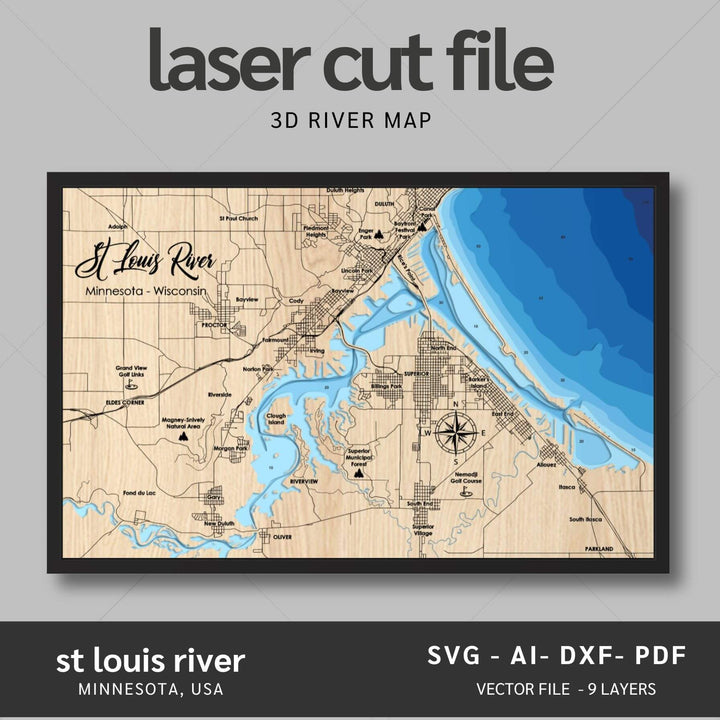 Intricate St Louis River 3D Laser Cut Map Files with personalization options, presented by Moc Tho