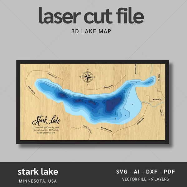 Stark Lake, Minnesota Laser Map Files - 9 Layers - Svg/Ai/Dxf/Pdf