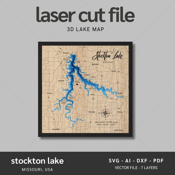 Stockton Lake, Missouri Laser Map Files - 7 Layers - Svg/Ai/Dxf/Pdf