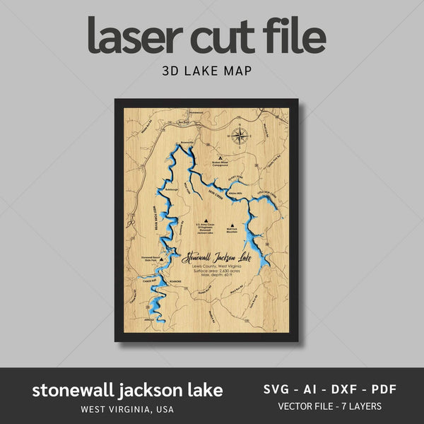 Stonewall Jackson, West Virginia Lake Laser Map Files - 7 Layers - Svg/Ai/Dxf/Pdf