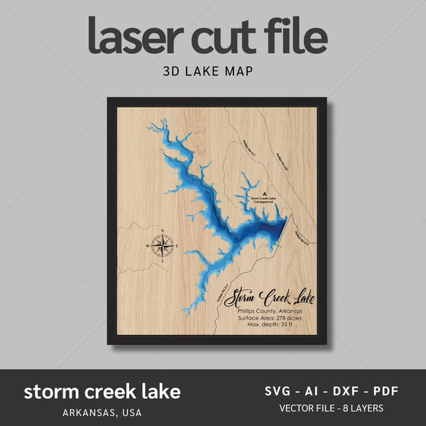 Storm Creek Lake, Arkansas Laser Map Files - 8 Layers - Svg/Ai/Dxf/Pdf