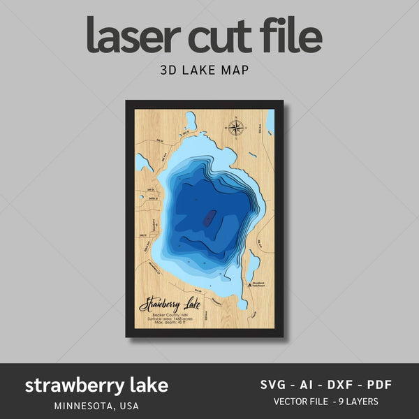 Strawberry Lake, Minnesota Laser Map Files - 9 Layers - Svg/Ai/Dxf/Pdf