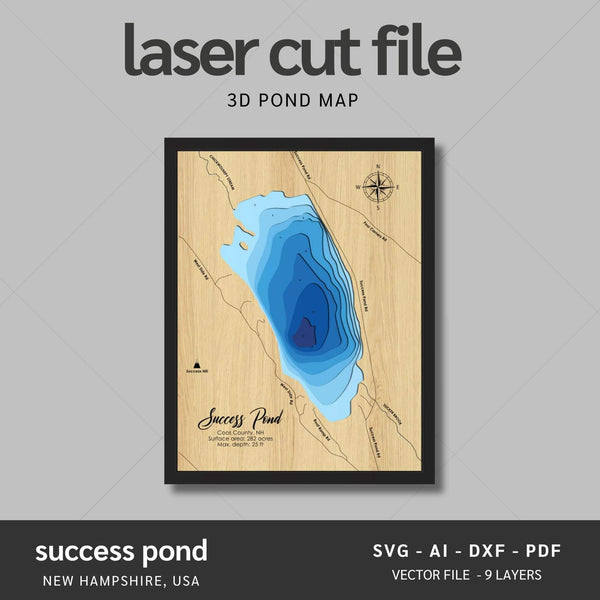 Success Pond, New Hampshire Laser Map Files - 9 Layers - Svg/Ai/Dxf/Pdf