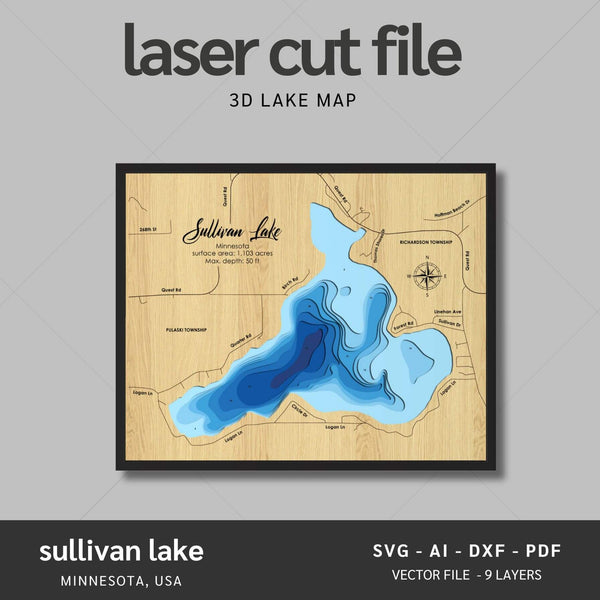 Sullivan Lake, Minnesota Laser Map Files - 9 Layers - Svg/Ai/Dxf/Pdf