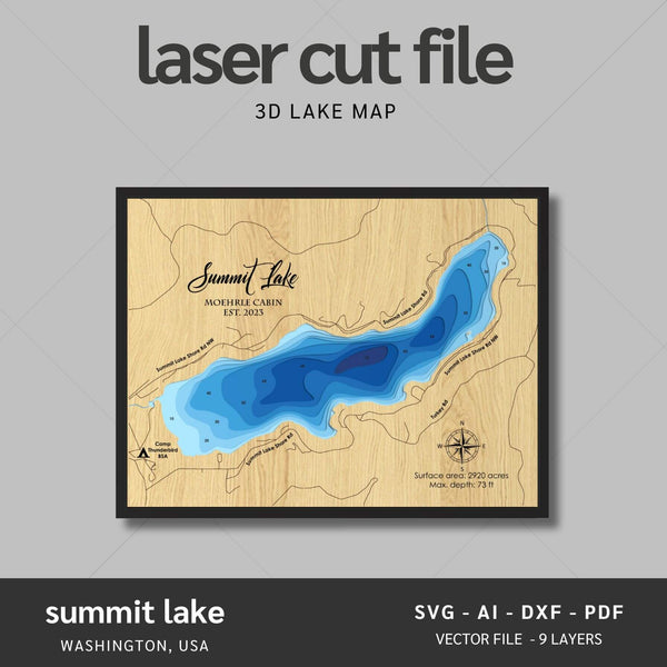 Summit Lake, Washington Laser Map Files - 9 Layers - Svg/Ai/Dxf/Pdf