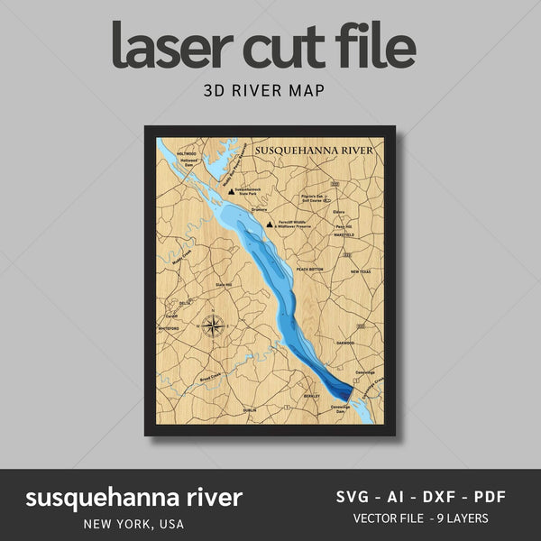 Susquehanna River, New York Laser Map Files - 9 Layers - Svg/Ai/Dxf/Pdf