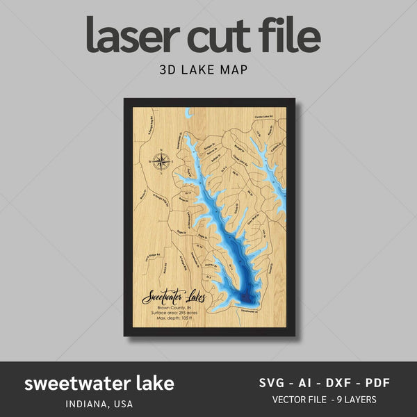 Sweetwater Lake, Indiana Laser Map Files - 9 Layers - Svg/Ai/Dxf/Pdf