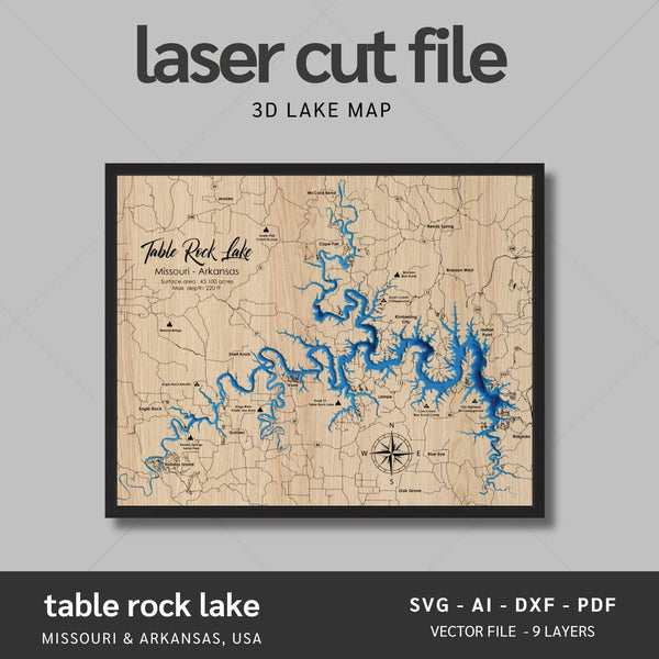 Table Rock Lake, Arkansas Laser Map Files - 6 Layers - Svg/Ai/Dxf/Pdf