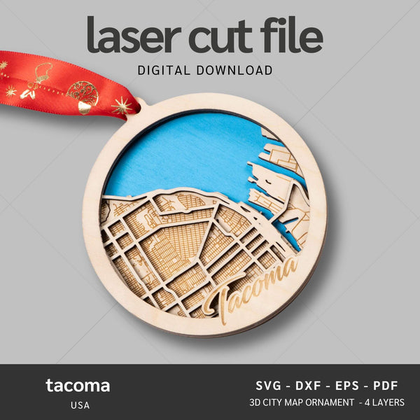 Tacoma, Washington USA City Map Ornaments Files - 4 Layers - Svg/Ai/Dxf/Pdf