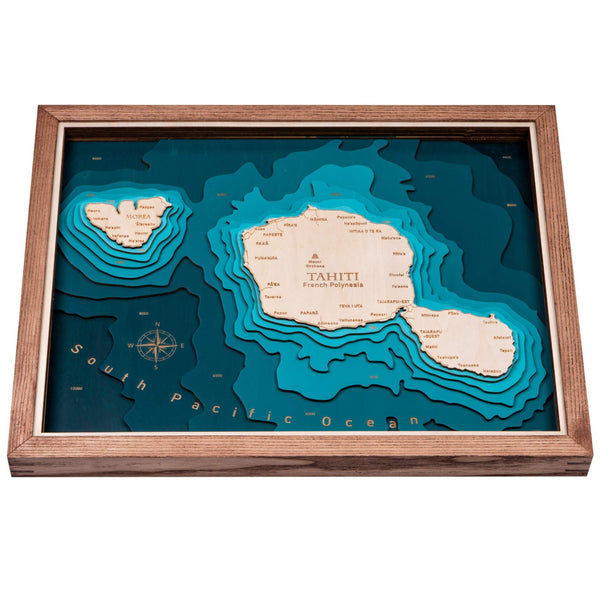 Tahiti Island, France 3D Wooden Map – Teal – 9 Layers