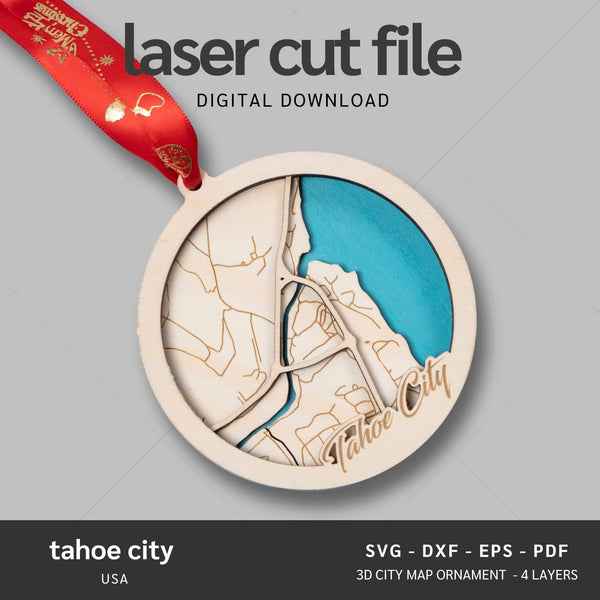 Tahoe City, California USA City Map Ornaments Files - 4 Layers - Svg/Ai/Dxf/Pdf