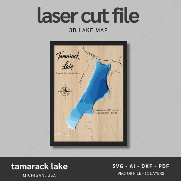 Tamarack Lake, Michigan Laser Map Files - 11 Layers - Svg/Ai/Dxf/Pdf