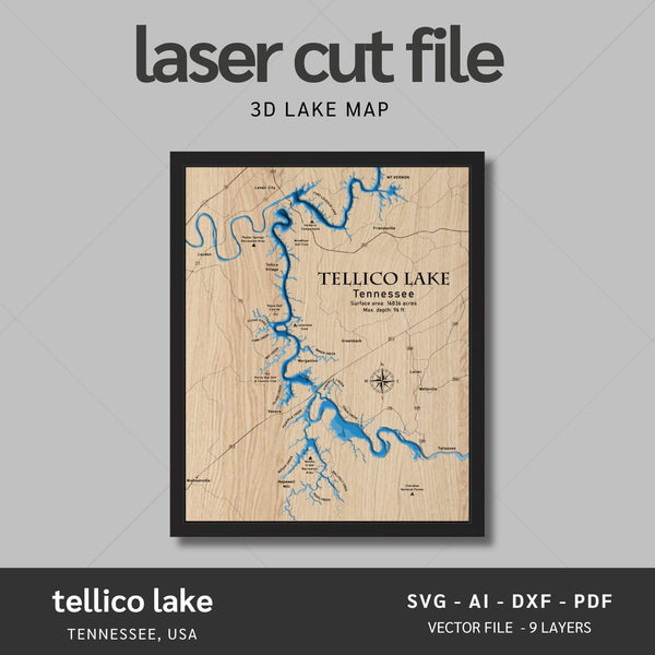 Tellico Lake, Tennessee Laser Map Files - 9 Layers - Svg/Ai/Dxf/Pdf