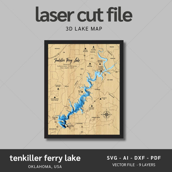 Tenkiller Lake, Oklahoma Laser Map Files - 9 Layers - Svg/Ai/Dxf/Pdf