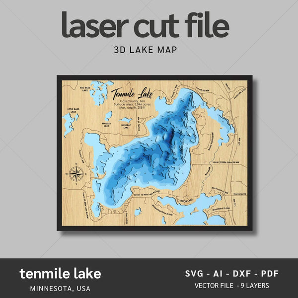 Tenmile Lake, Minnesota Laser Map Files - 9 Layers - Svg/Ai/Dxf/Pdf