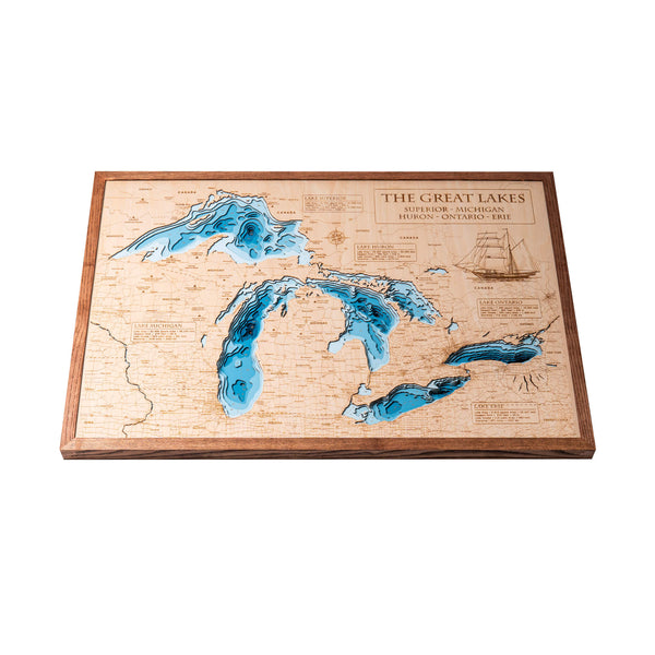 The Great Lakes 3D Wooden Map – Blue - Coffee – 9 Layers