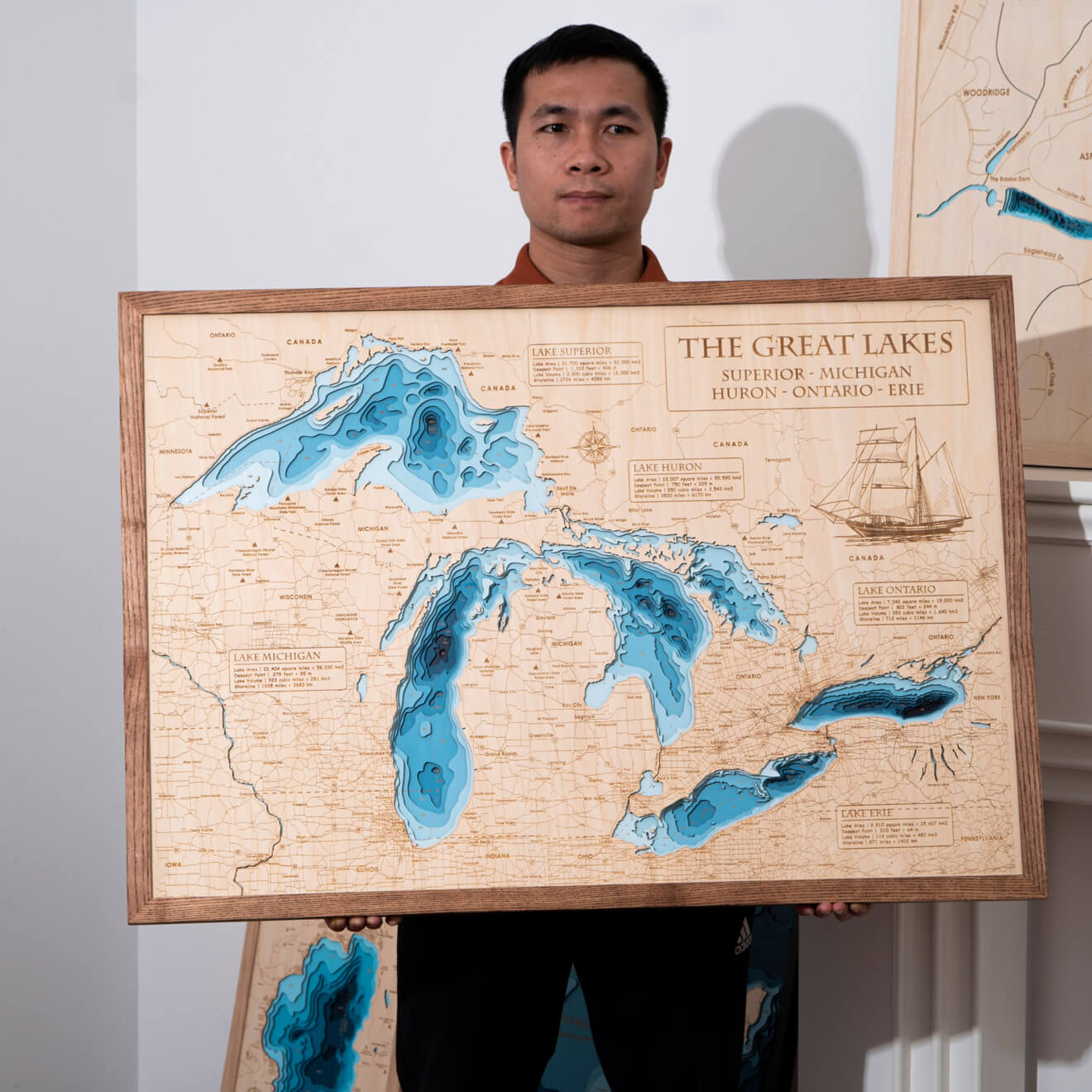 Personalized 3D the Great Lakes Wood Map, USA - Lake Depth Map Wall Ar ...