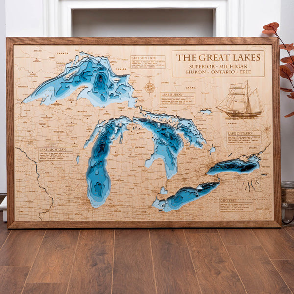 The Great Lakes Map - Personalized 3D Wooden Map - Depth Map Wall Art - Nautical Decor for Lake House