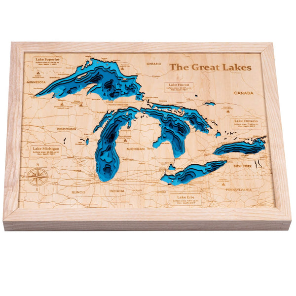 The Great Lakes 3D Wooden Map – Dark Blue - Natural – 9 Layers