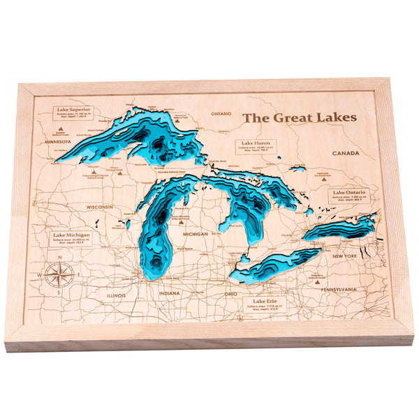 The Great Lakes 3D Wooden Map – Teal - Natural – 9 Layers