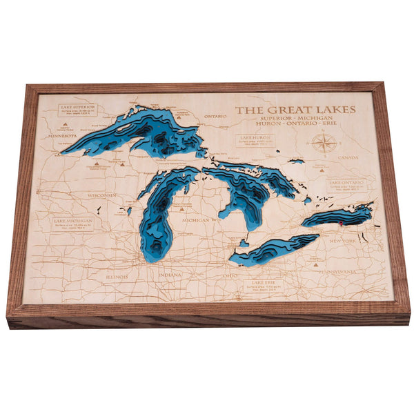 The Great Lakes 3D Wooden Map – Dark Blue - Coffee – 9 Layers