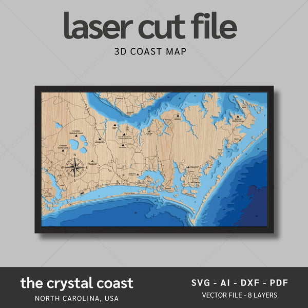 The Crystal Coast, North Carolina Laser Map Files - 8 Layers - Svg/Ai/Dxf/Pdf