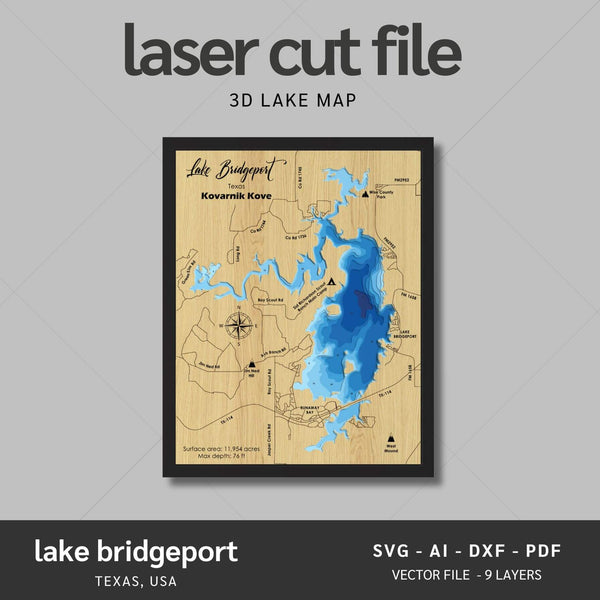 Lake Bridgeport, Texas Laser Map Files - 9 Layers - Svg/Ai/Dxf/Pdf