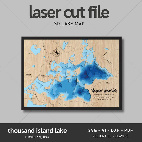 Thousand Island Lake, Michigan Laser Map Files - 9 Layers - Svg/Ai/Dxf/Pdf