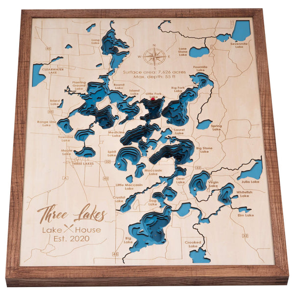 Three Lakes 3D Wooden Map – Dark Blue – 8 Layers