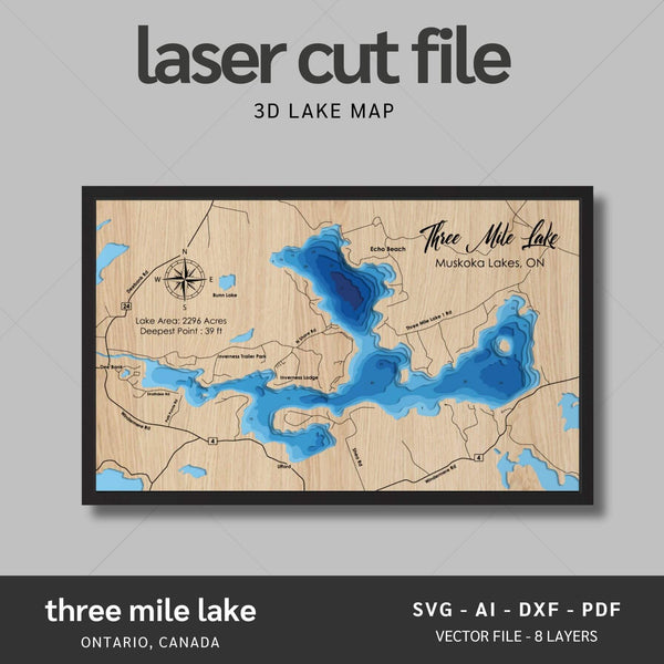 Three Mile Lake, Michigan Laser Map Files - 8 Layers - Svg/Ai/Dxf/Pdf