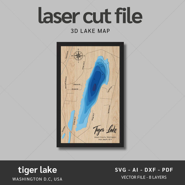 Tiger Lake, Washington Laser Map Files - 8 Layers - Svg/Ai/Dxf/Pdf