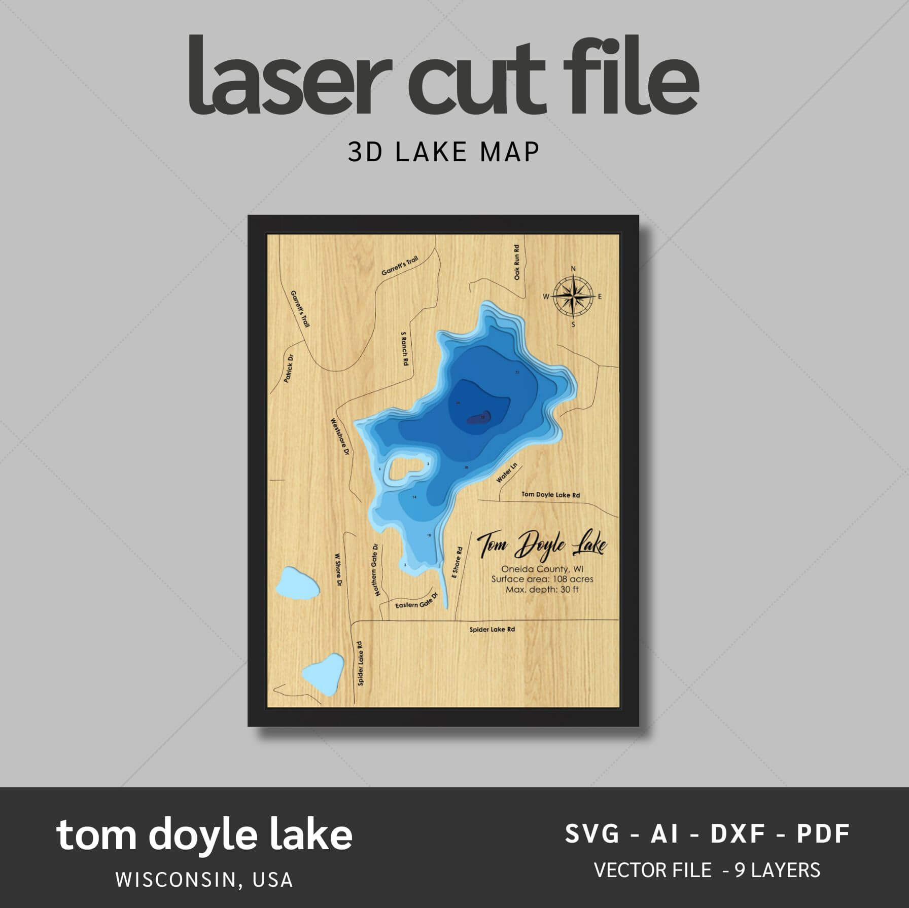 Tom Doyle Lake, Wisconsin Laser Map Files - 9 Layers - Svg/Ai/Dxf/Pdf ...