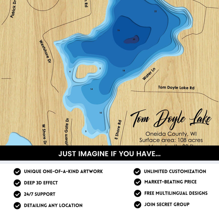 Tom Doyle Lake, Wisconsin Laser Map Files - 9 Layers - Svg/Ai/Dxf/Pdf ...