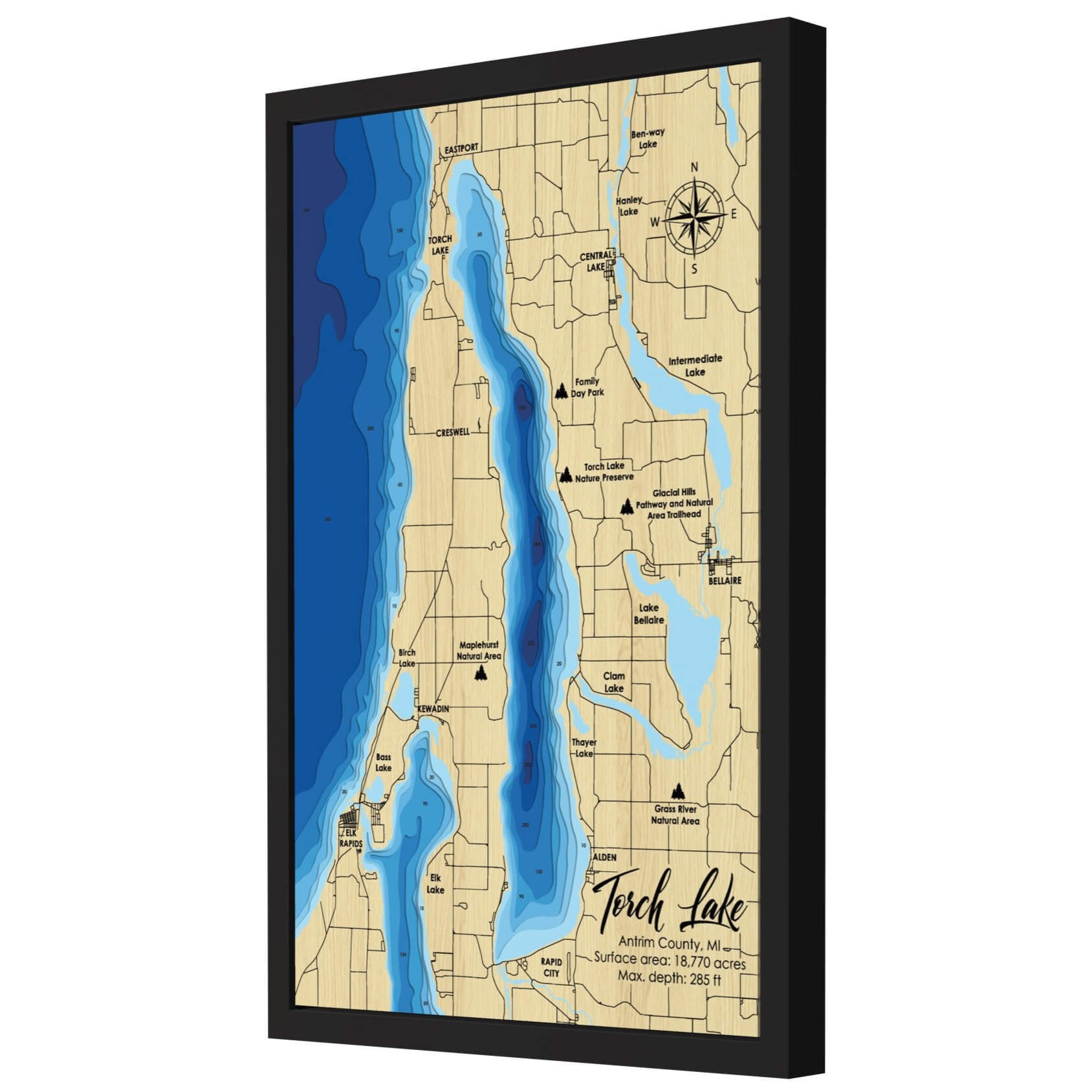 Torch Lake, Michigan 3D Wooden Map Blue 9 Layers Moc Tho LLC