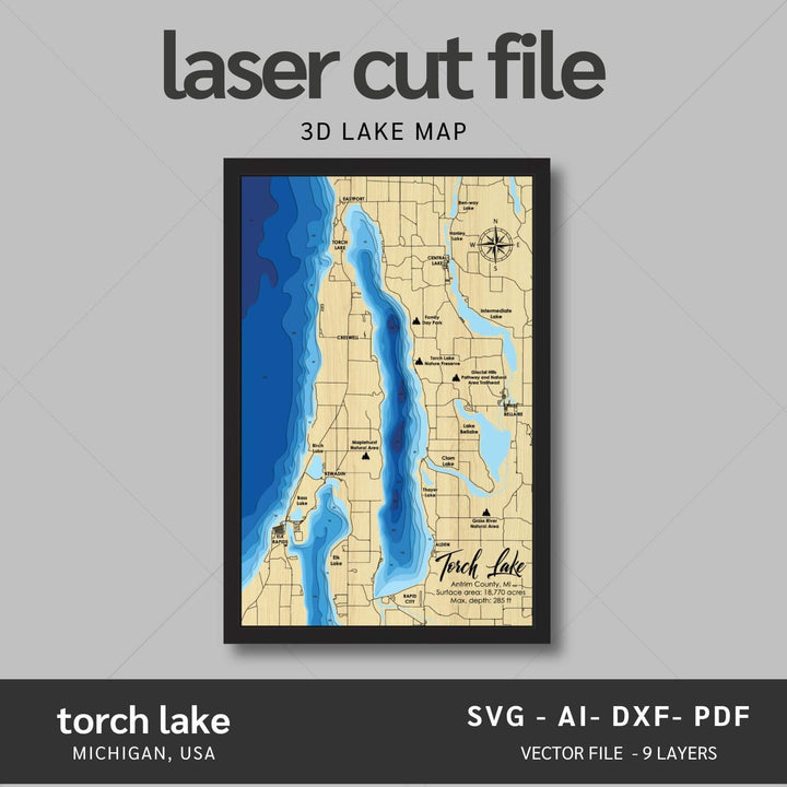 Torch Lake, Michigan Laser Map Files 9 Layers Svg/Ai/Dxf/Pdf Moc
