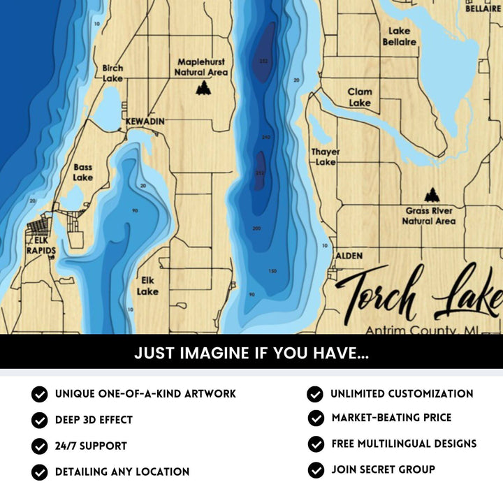 Torch Lake, Michigan Laser Map Files 9 Layers Svg/Ai/Dxf/Pdf Moc
