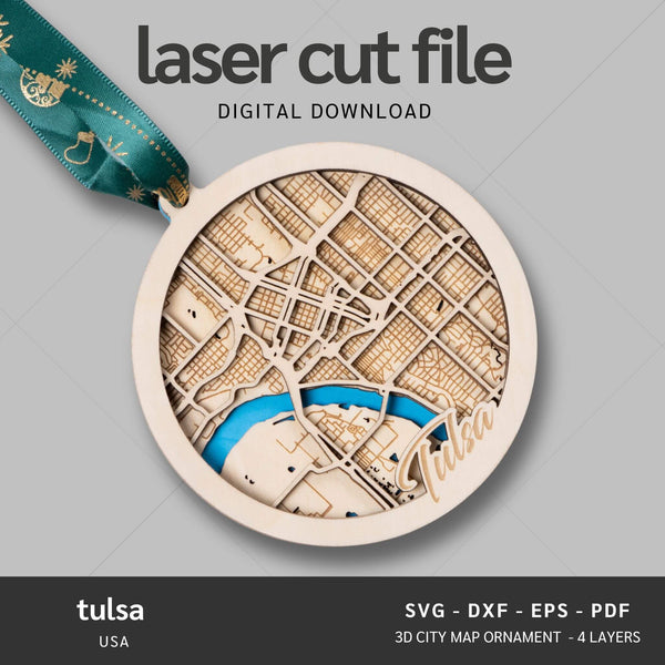 Tulsa, Oklahoma USA City Map Ornaments Files - 4 Layers - Svg/Ai/Dxf/Pdf