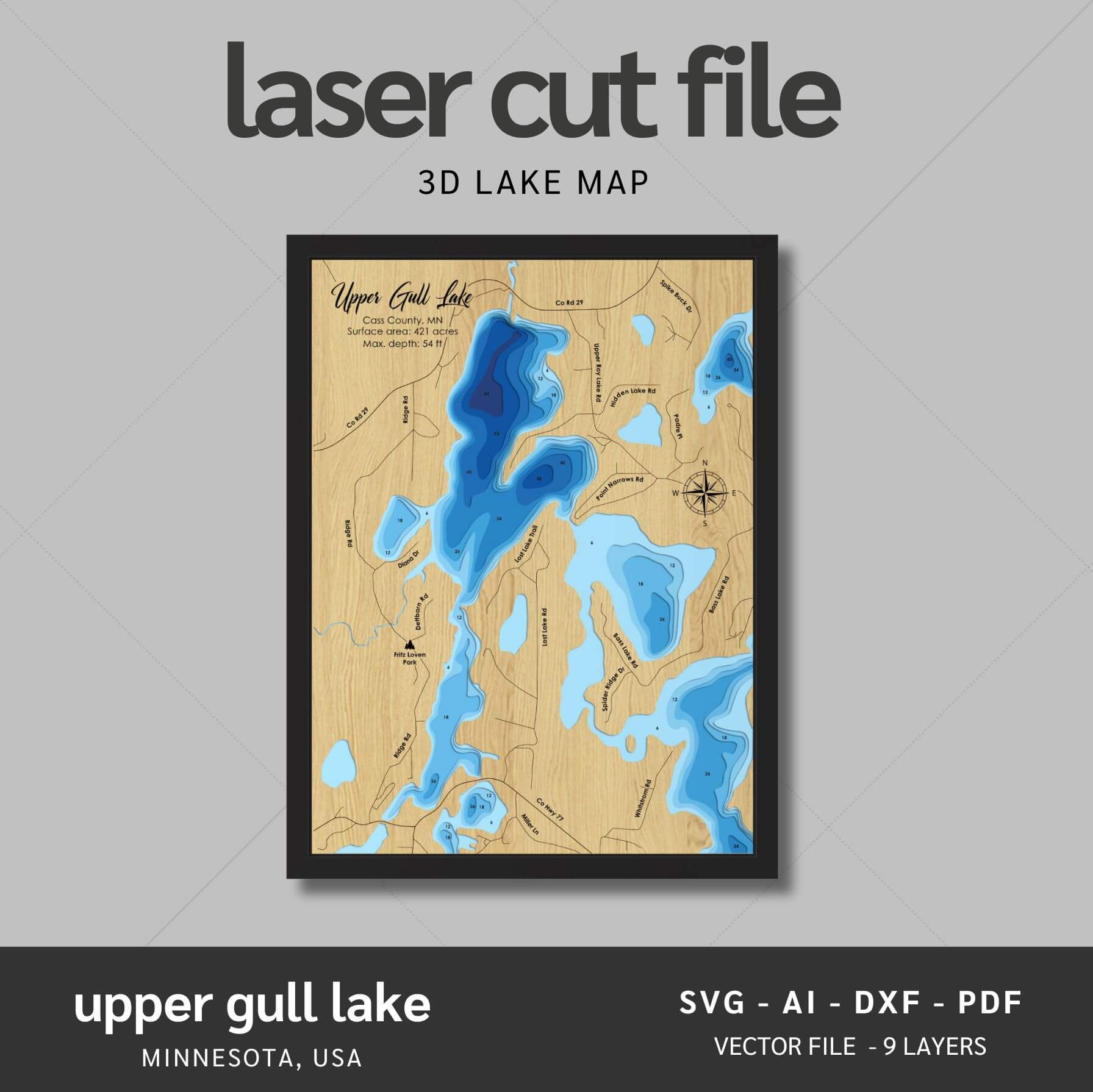 Upper Gull Lake, Minnesota Laser Map Files - 9 Layers - Svg/Ai/Dxf/Pdf ...