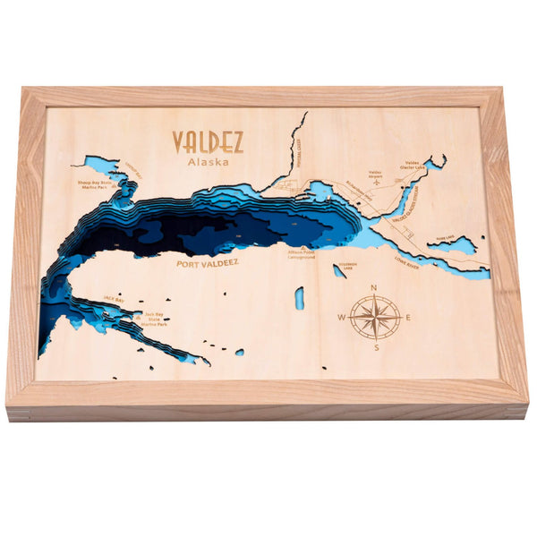 Valdez, Alaska 3D Wooden Map – Dark Blue – 9 Layers