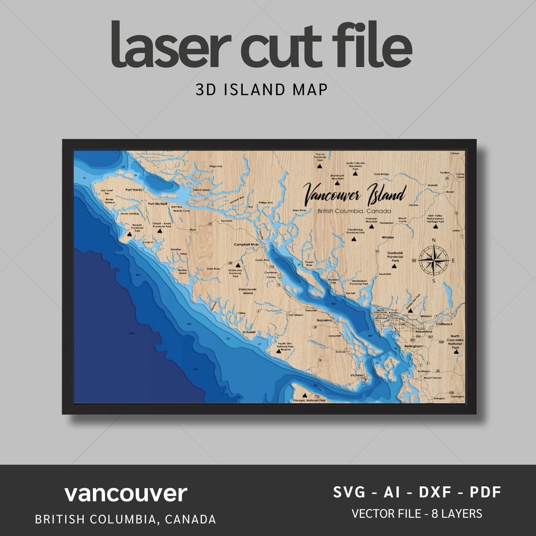 Vancouver Island, British Columbia Laser Map Files - 8 Layers - Svg/Ai ...
