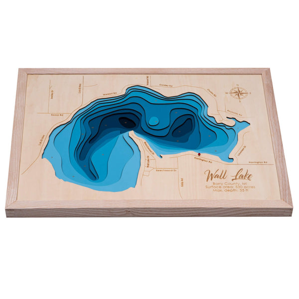 Wall Lake 3D Wooden Map - Dark Blue - 9 Layers