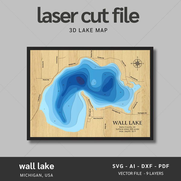 Wall Lake, Michigan Laser Map Files - 9 Layers - Svg/Ai/Dxf/Pdf