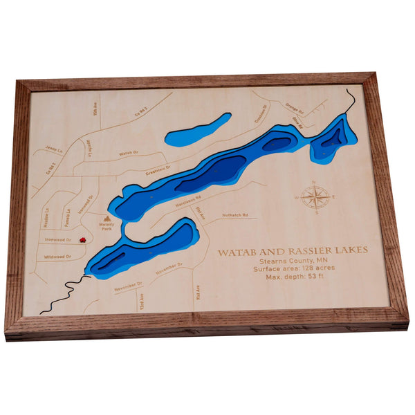 Watab and Rassier Lakes 3D Wooden Map – Blue – 9 Layers