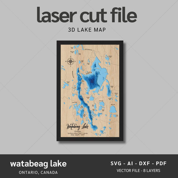 Watabeag Lake, Ontario Laser Map Files - 8 Layers - Svg/Ai/Dxf/Pdf