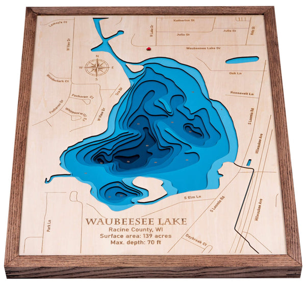 Waubeesee Lake 3D Wooden Map – Blue – 9 Layers